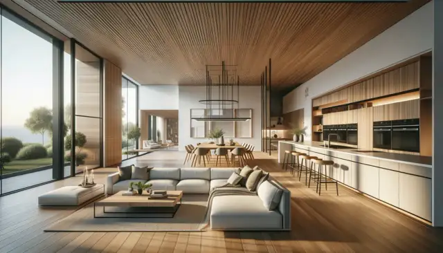 Cocina abierta al salón con iluminación natural y artificial. Muebles de madera, sofás grises y mesa de comedor.