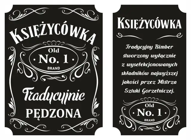 Dwie tabliczki z napisem "Księżycówka Old No. 1. BRAND". Jedna opisuje tradycyjny bimber, druga "Tradycyjnie PĘDZONA".