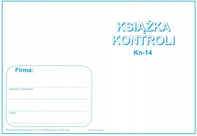 Okładka książki kontroli przedsiębiorcy z miejscem na dane firmy, nazwisko, imię i adres.
