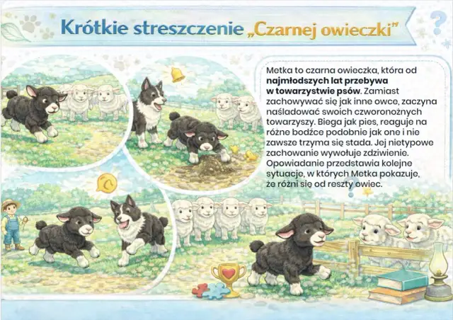 Krótkie streszczenie „Czarnej owieczki”: Metka, czarna owieczka, żyje wśród psów, naśladując ich zachowania. Biega jak pies, nie trzyma się stada, co budzi zdziwienie.