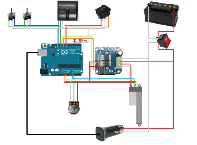 Schemat połączeń Arduino z elementami sterującymi: przełączniki, diody, silnik, akumulator.