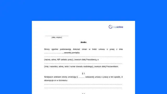 Dokument "Aneks" do umowy o pracę, wprowadzający zmiany w jej treści.
