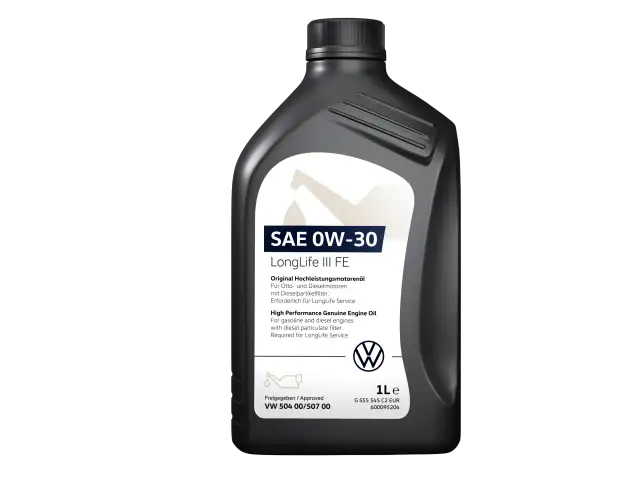 Schwarze Ölflasche mit weißem Etikett, SAE 0W-30 LongLife III FE, VW-Logo.