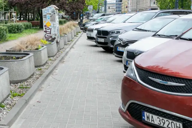 Rząd zaparkowanych samochodów na chodniku, obok donic z trawą.