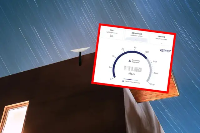 Starlink z prędkością 171 Mb/s pobierania. Antena satelitarna na dachu, nocne niebo z smugami gwiazd.