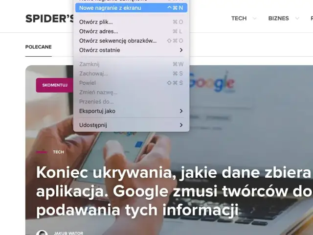 Menu z opcją "Nowe nagranie z ekranu" pokazuje, jak nagrać ekran na laptopie.