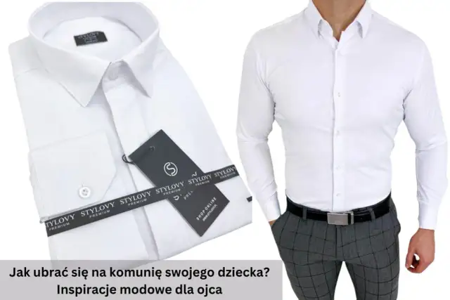 Biała koszula męska z metkami i fragmentem stylizacji z szarymi spodniami w kratę.
