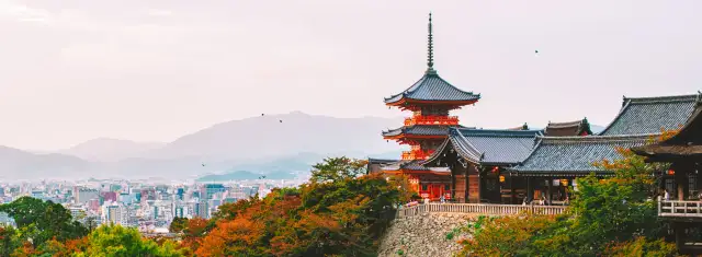 Widok na tradycyjne pagody i dachy w jednym z miast w Japonii, z rozległą panoramą zabudowań w tle.