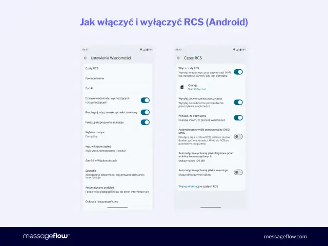 Jak wyłączyć czat RCS? Na ekranie "Czaty RCS" wyłącz opcję "Włącz czaty RCS". Zobaczysz tam też inne ustawienia.