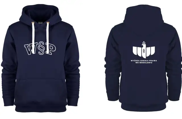 Granatowa bluza z kapturem z białym napisem "WSP" z przodu i logo uczelni z tyłu.