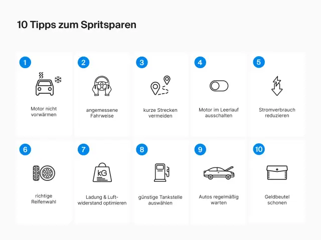 10 Icons mit Tipps zum Spritsparen: Motor nicht vorwärmen, Fahrweise, kurze Strecken vermeiden, Leerlauf, Stromverbrauch, Reifen, Ladung, Tankstelle, Wartung, Geldbeutel.