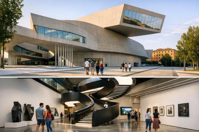 Nowoczesna architektura muzeum sztuki współczesnej MAXXI w Rzymie. Wnętrze z charakterystycznymi, krętymi schodami i dziełami sztuki.