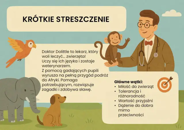Doktor Dolittle, lekarz zwierząt, uczy się ich języka i wyrusza na przygody do Afryki z gadającymi pupilami. Streszczenie jego historii.