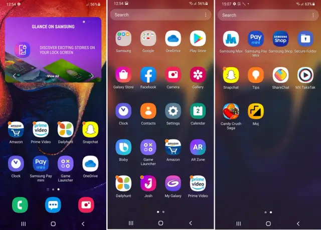 Ekran telefonu z ikonami aplikacji, w tym Samsung, Google, OneDrive, Play Store, Facebook, Snapchat. Widoczny też baner "Glance on Samsung" - to właśnie appcloud co to.