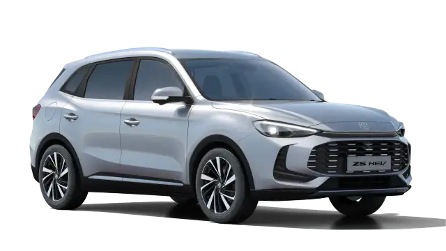Srebrny MG ZS HEV, idealny do leasingu na ile lat. Nowoczesny design i hybrydowy napęd.