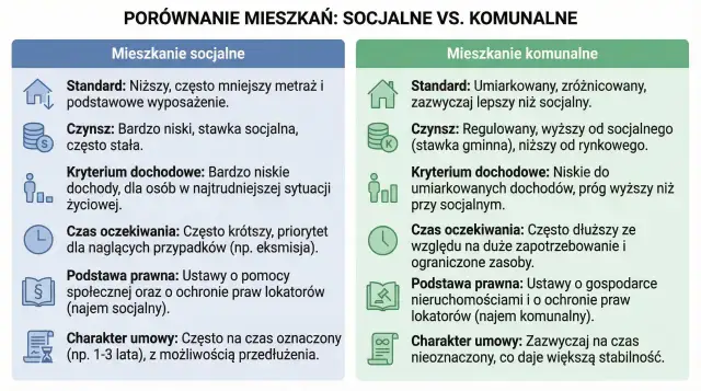 Porównanie mieszkań socjalnych i komunalnych: standard, czynsz, dochody, czas oczekiwania, podstawa prawna, charakter umowy.