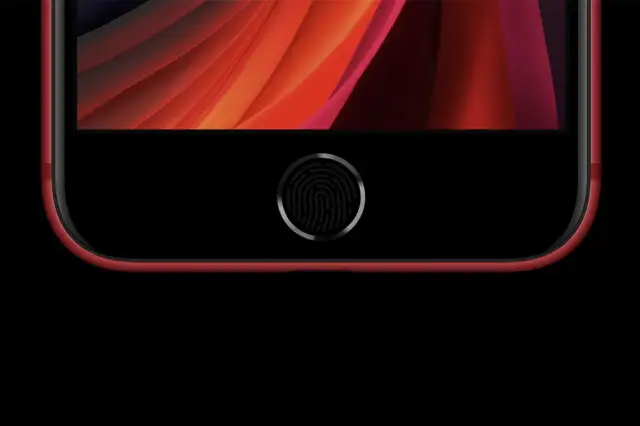 iPhone SE rouge avec son bouton d'accueil et son empreinte digitale pour le déverrouillage.