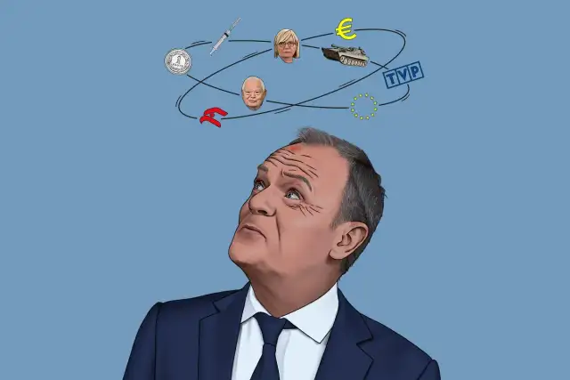 Polityk patrzy na symbole: złoty, euro, czołg, UE, TVP, strzykawkę, twarze polityków. Zastanawia się nad wpływem rządów PiS na ceny mieszkań w Polsce.