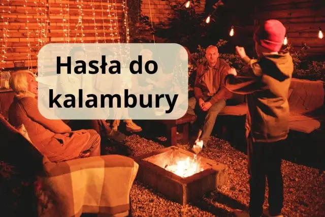 Przy ognisku, w blasku lampek, grupa ludzi śmieje się, a na ekranie widnieje napis "Hasła do kalambury śmieszne".