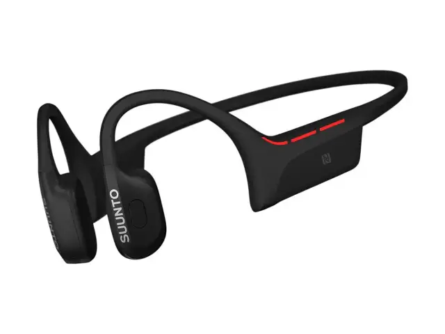 Casque noir à conduction osseuse SUUNTO, idéal pour les malentendants, avec indicateurs lumineux rouges.