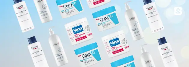 Jaki balsam do ciała wybrać? Na zdjęciu kosmetyki Eucerin, CeraVe, Mixa i Ziaja do pielęgnacji suchej skóry.