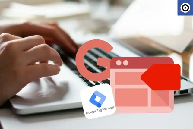 Ręce piszą na laptopie, a obok ikony Google i Google Tag Manager.