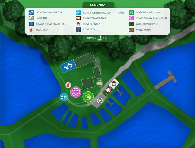 Mapa łowiska Jegiel z legendą: pokoje, parking, stawy, ognisko, punkt widokowy, bar, dom leśnika, pomosty, grill, plac zabaw, gospodarstwo, wędzarnia.