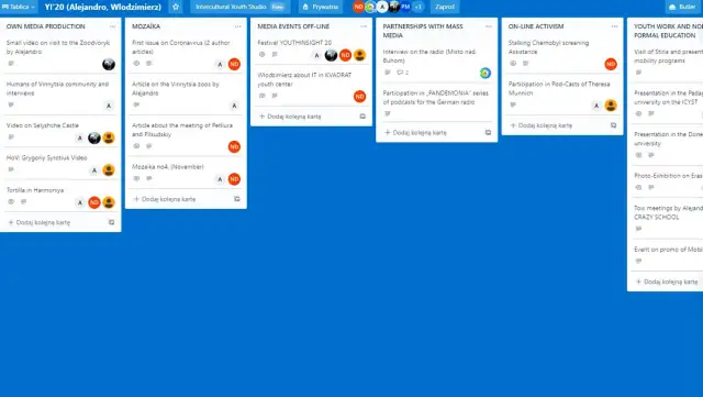 Tablica Trello: projekty "Own Media Production", "Mozaika", "Media Events Off-Line", "Partnerships with Mass Media", "On-line Activism", "Youth Work and Non-Formal Education". Trello co to? To narzędzie do organizacji pracy.