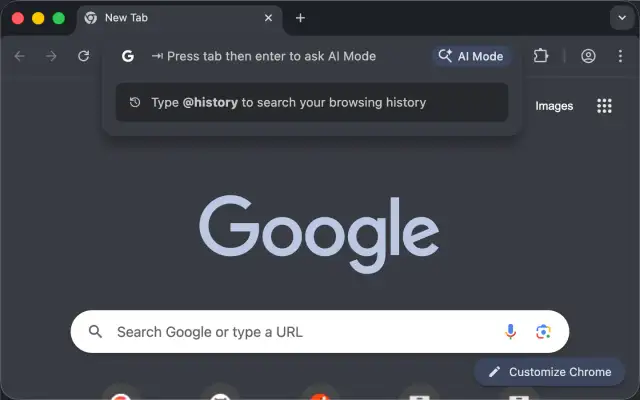Przycisk "AI Mode" w pasku adresu Google Chrome. Aby wyłączyć tryb AI, naciśnij Tab, a następnie Enter.