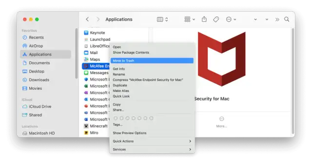 Jak odinstalować McAfee na Macu? Kliknij prawym przyciskiem myszy na ikonę aplikacji McAfee Endpoint Security i wybierz "Przenieś do kosza".