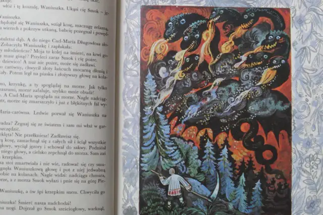 Ilustracja do baśni o złotym ptaku: smok ziejący ogniem atakuje las, gdzie stoi chłopiec z kosą.