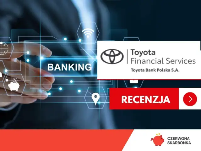 Dowiedz się, toyota bank co to za bank. Logo Toyota Financial Services i przycisk "Recenzja" na tle cyfrowego ekranu.