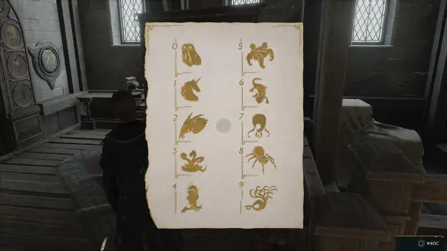 Rozwiązujesz zagadkę w Hogwarts Legacy, analizując symbole stworzeń od 0 do 9.