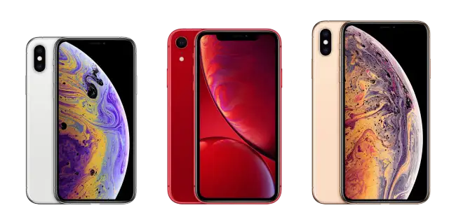 Trzy telefony iPhone: biały, czerwony i złoty. Złoty iPhone XS Max ma wymiary idealne do dłoni.