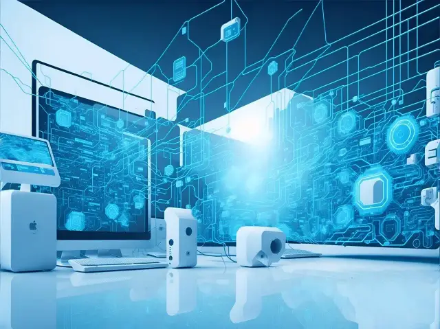 Nowoczesne komputery z niebieskim, cyfrowym interfejsem, symbolizującym aktualizację systemu i postęp technologiczny.