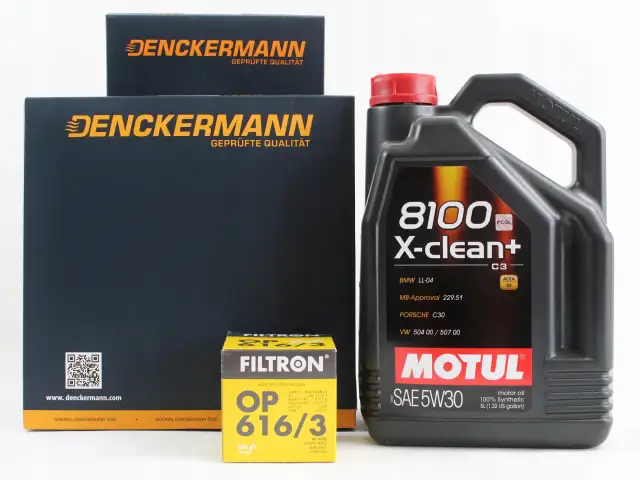Kanister oleju Motul 5W30 5L, filtr oleju Filtron OP 616/3 i opakowania Denckermann.