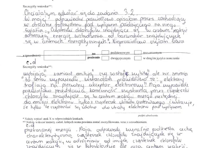 Odwołanie od matury: czy warto? Uczeń opisuje proces fotosyntezy, ale używa nieprecyzyjnych sformułowań.