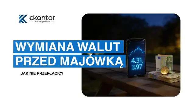 Jak działa kantor internetowy? Na stole leży telefon z wykresem kursów walut, obok stos banknotów i moneta. Wymiana walut przed majówką.