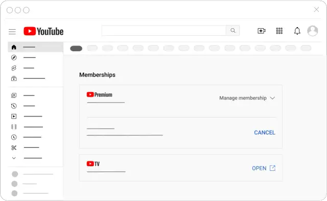 Ekran YouTube z sekcją "Memberships" pokazującą opcję anulowania YouTube Premium.
