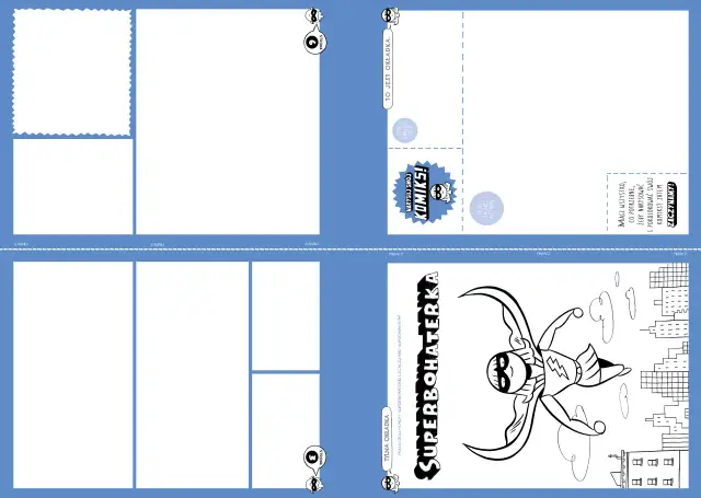 Szablon komiksu z miejscem na okładkę, strony i rysunek superbohatera nad miastem.