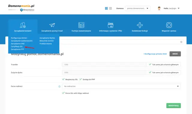 Panel DirectAdmin, menu "Zarządzanie kontami", opcja "Certyfikaty SSL". Umożliwia to konfigurację zabezpieczeń, np. z Let's Encrypt.