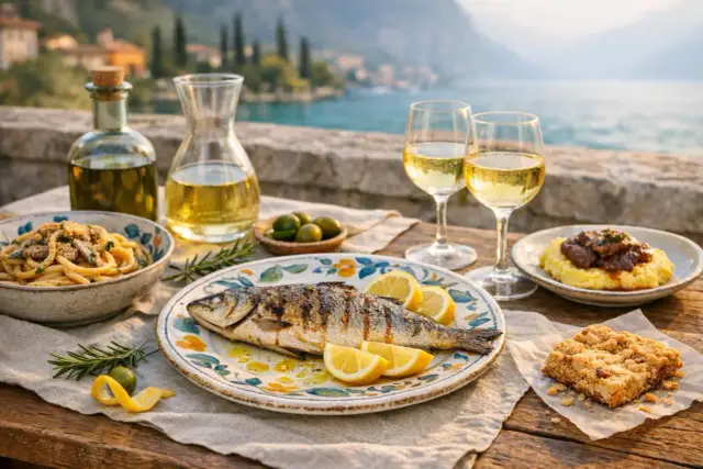 Ryba z cytryną, makaron, polenta z mięsem i wino na tle jeziora Garda.