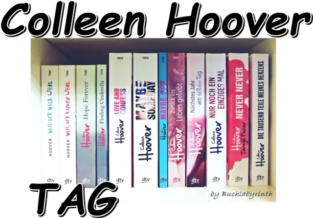 Reihe von Colleen Hoover Büchern auf einem Regal, mit Titeln wie "Never Never" und "Maybe Someday".