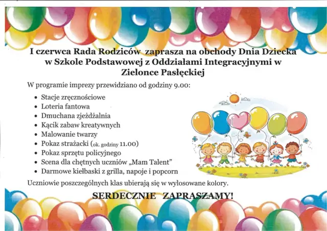 Zaproszenie na Dzień Dziecka w Zielonce Pasłęckiej. W programie atrakcje dla dzieci, jak napisać na zaproszeniu z dzieckiem? Radość gwarantowana!
