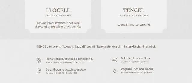 TENCEL to certyfikowany lyocell, który nie gniecie się tak łatwo jak inne tkaniny. Jest miękki, gładki i trwały.
