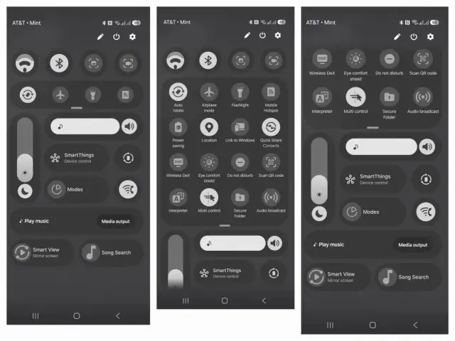 Panel szybkich ustawień z interfejsem One UI 8.5, pokazujący ikony Wi-Fi, Bluetooth, trybu samolotowego, SmartThings i sterowania mediami.