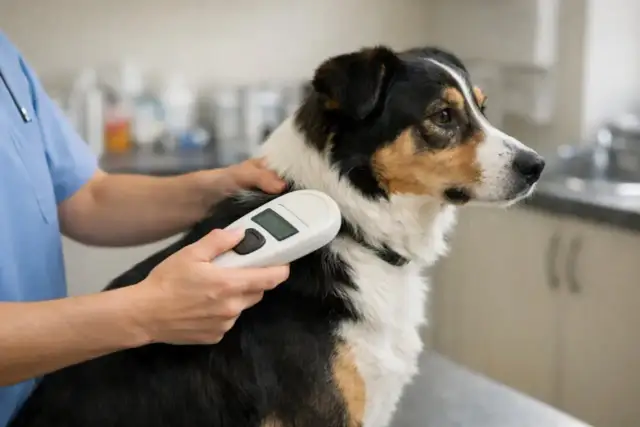 Weterynarz skanuje psa czytnikiem. Dowiedz się, ile kosztuje chip dla psa i jak bezpiecznie go wszczepić.