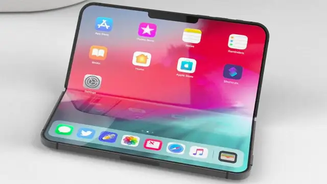 Koncepcyjny iPhone flip z ekranem podzielonym na dwie części, wyświetlający ikony aplikacji.