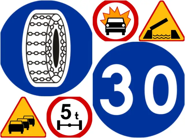 Kolekcja znaków drogowych z opisem do druku: nakaz używania łańcuchów, wypadek, most zwodzony, ograniczenie prędkości 30, korek, zakaz wjazdu pojazdów o masie powyżej 5 ton.