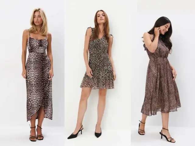 Trzy kobiety w sukienkach w panterkę. Zastanawiasz się, jakie kolory pasują do panterki? Zobacz, jak świetnie wygląda z czernią i beżem!
